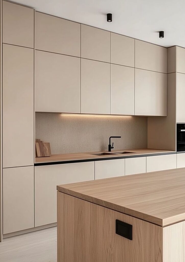 Minimalist modern kitchen with beige cabinets, black faucet, and wooden island for a sleek interior design.