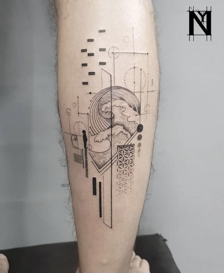 Geometric tattoo design with abstract shapes and ocean waves on a leg, featuring a minimalist style.