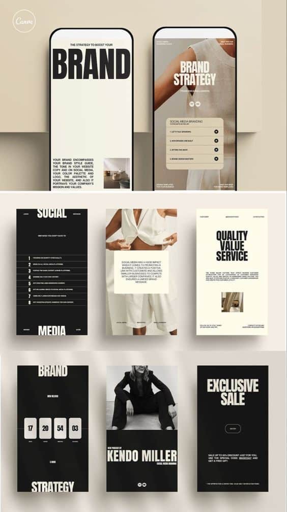 Modern brand strategy and marketing design layouts showcasing social media, quality service, and exclusive sales.