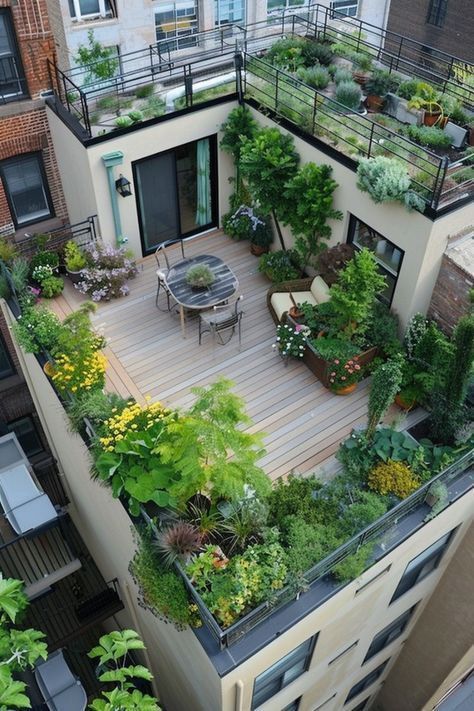 Rooftop garden with lush greenery, seating area, and urban view on a city building, perfect for relaxation and nature lovers.
