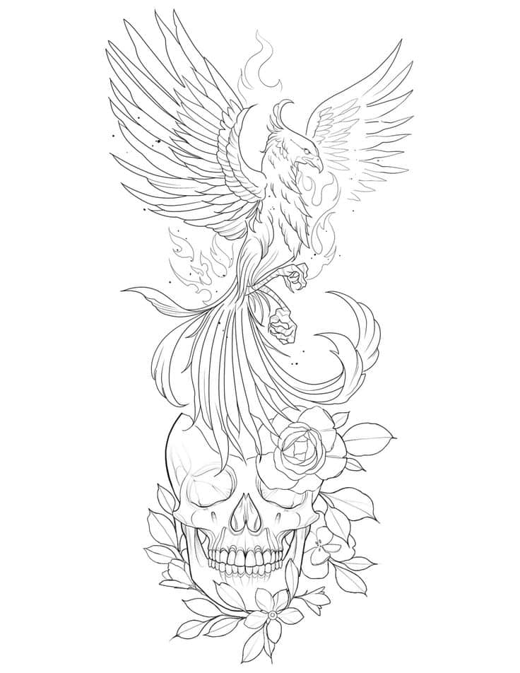 Phoenix rising from a skull with flowers, line art tattoo design, symbolizing rebirth and transformation.