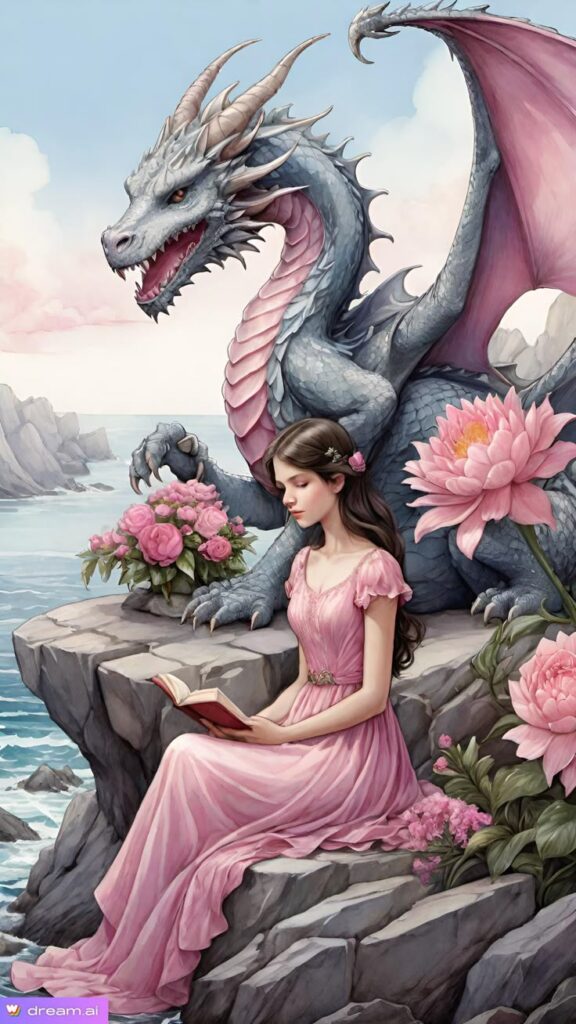 Woman in pink dress reading by a dragon on a cliff with flowers and ocean view. Fantasy art scene.