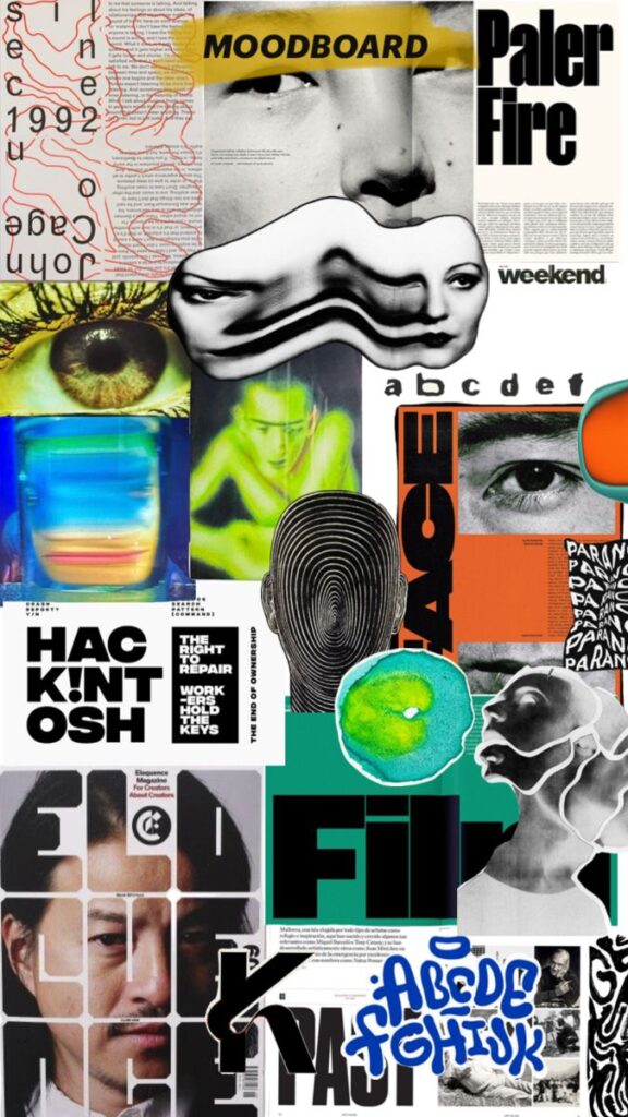 Abstract collage moodboard with human faces, text, and vibrant patterns for creative inspiration and design ideas.