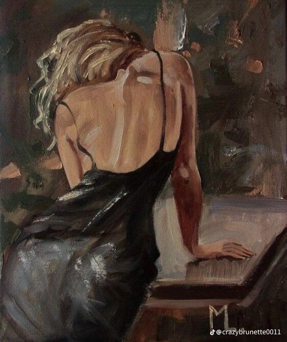 Painting of a woman in a black dress leaning on a table with her back turned. Atmospheric and moody art.