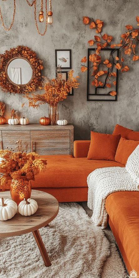 Cozy autumn-themed living room with orange decor, pumpkins, and warm lighting on a textured gray wall background.