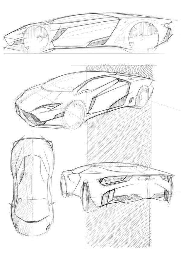 Pencil sketches of a sleek, futuristic sports car design from multiple angles, highlighting aerodynamic features.