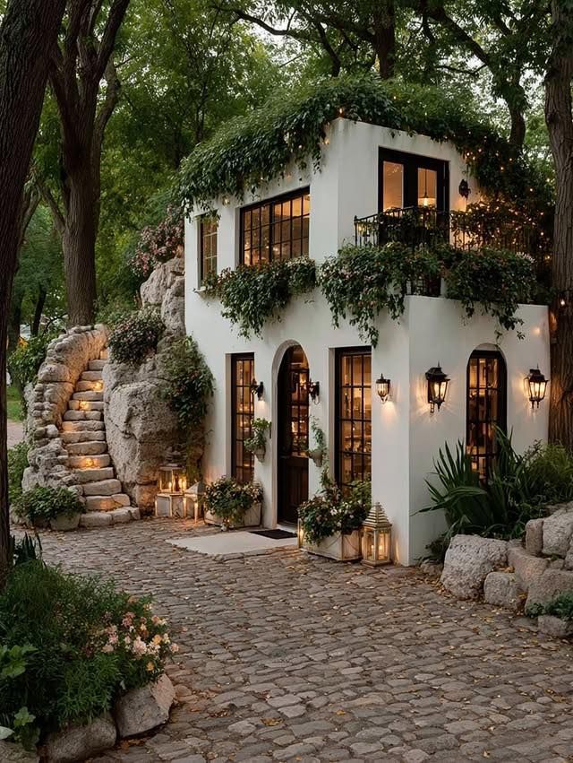 Charming stone cottage with lanterns and lush greenery, nestled in a rustic setting with cobblestone path and stone stairs.