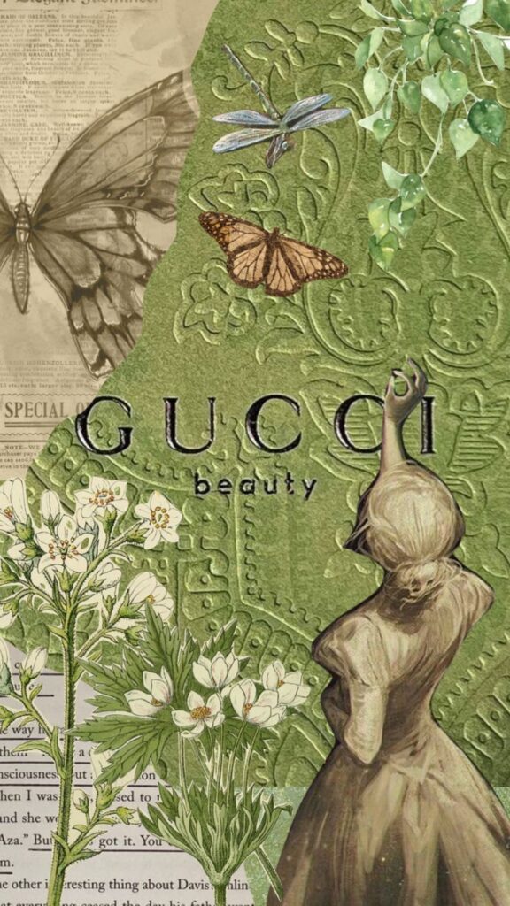 Artistic Gucci Beauty collage: butterflies, dragonfly, floral elements, vintage vibe on textured green and newspaper background.