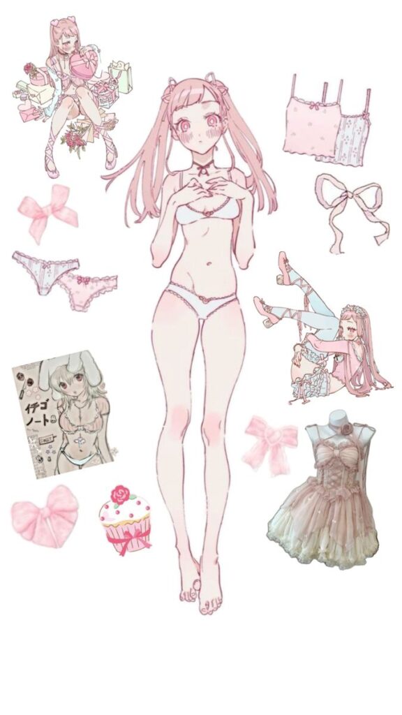 Anime girl illustration with pink lingerie, accessories, and kawaii elements like bows, cupcakes, and cute outfits.