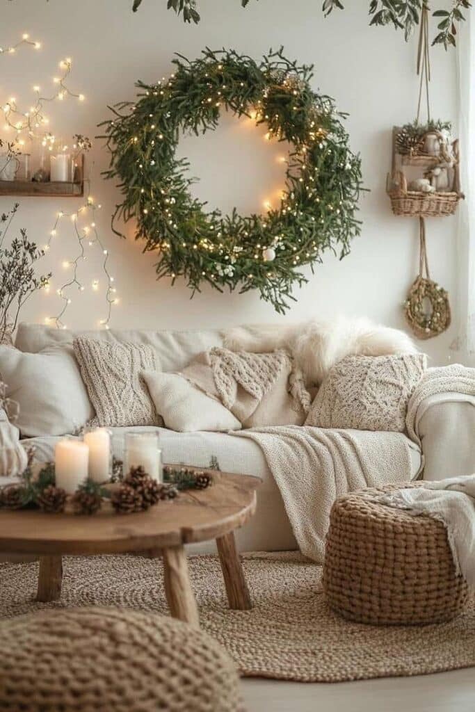 Cozy living room with a festive wreath, fairy lights, and neutral decor creating a warm, inviting atmosphere.