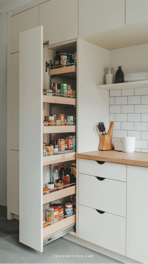 Modern kitchen with open pantry shelves, stocked with canned goods and spices, next to a wooden countertop.
