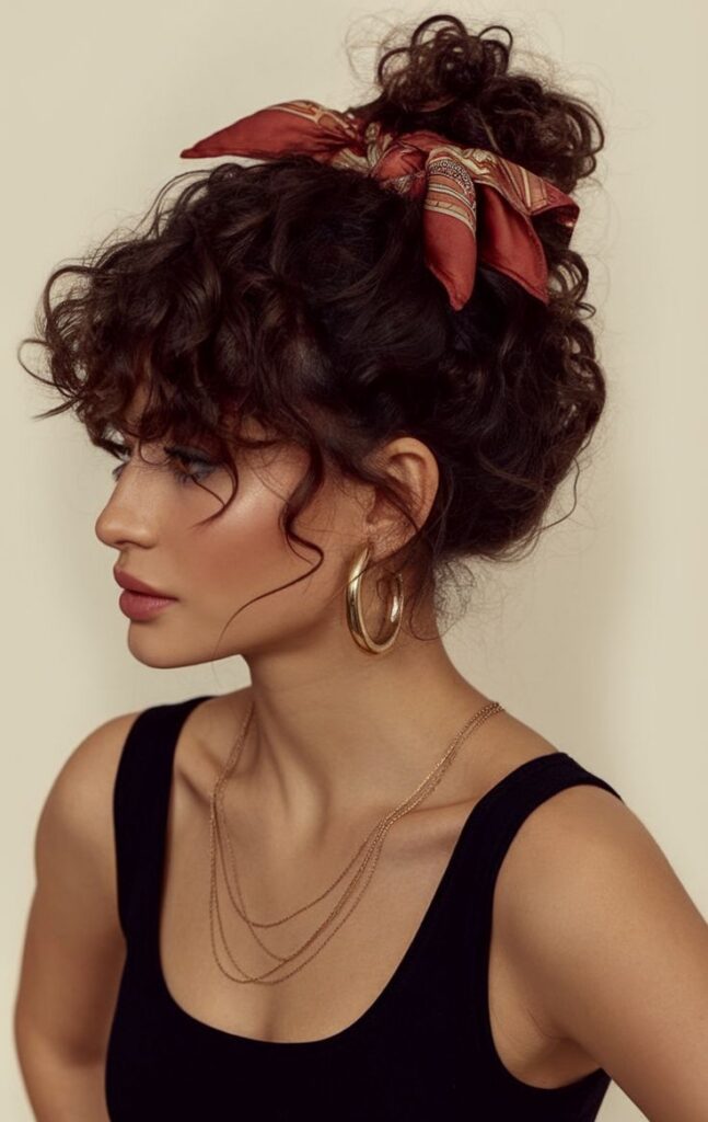 Woman with curly bun and red headscarf, wearing hoop earrings and layered necklace, side profile.