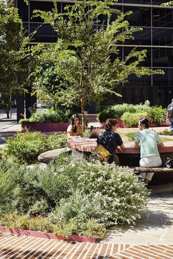 People studying at an outdoor table surrounded by greenery on a sunny day.