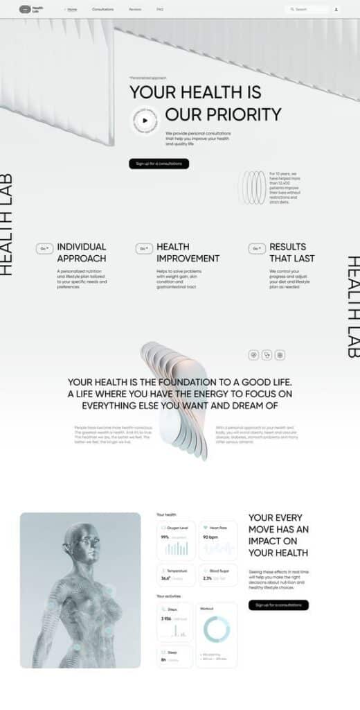 Health Lab website design highlighting personalized consultations for health improvement and lasting results.