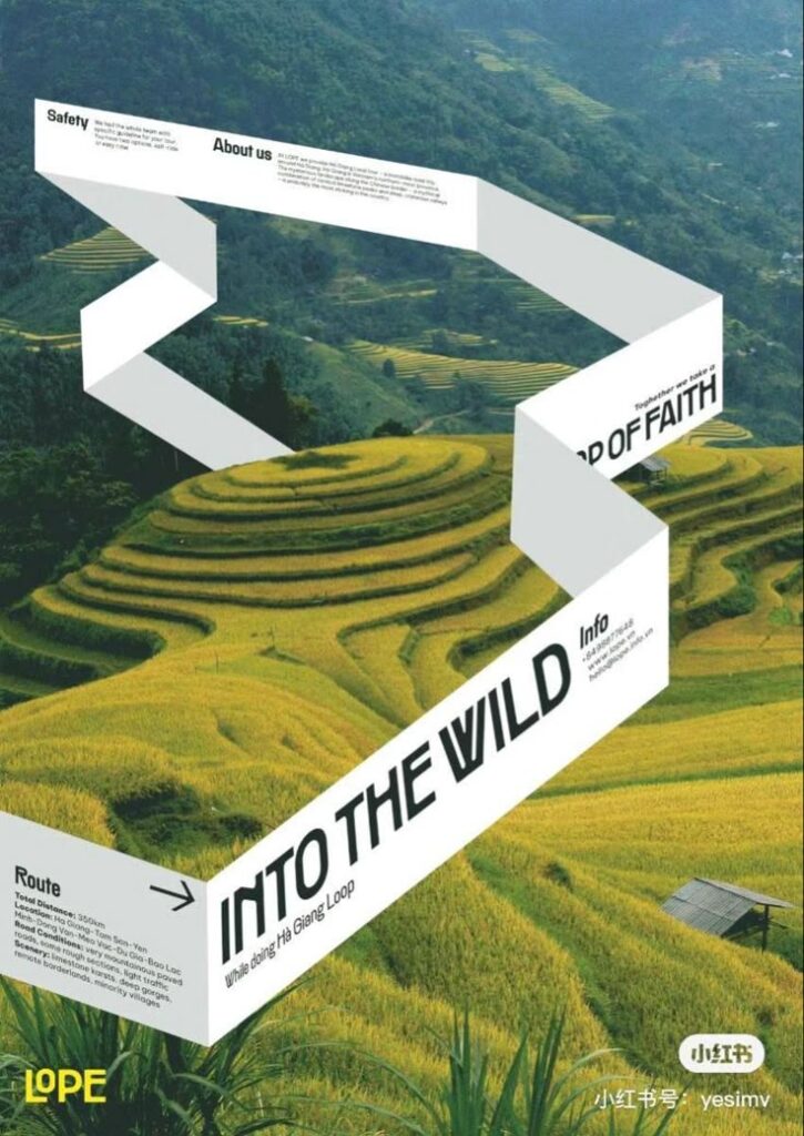 Terraced rice fields in Ha Giang, Vietnam, with a zigzag text overlay promoting an adventure tour.