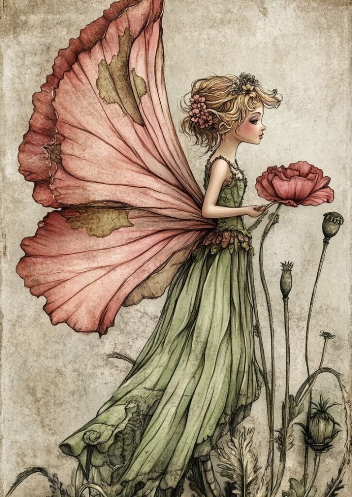 Illustration of a fairy with pink wings holding a flower, dressed in green, amidst delicate botanical elements.