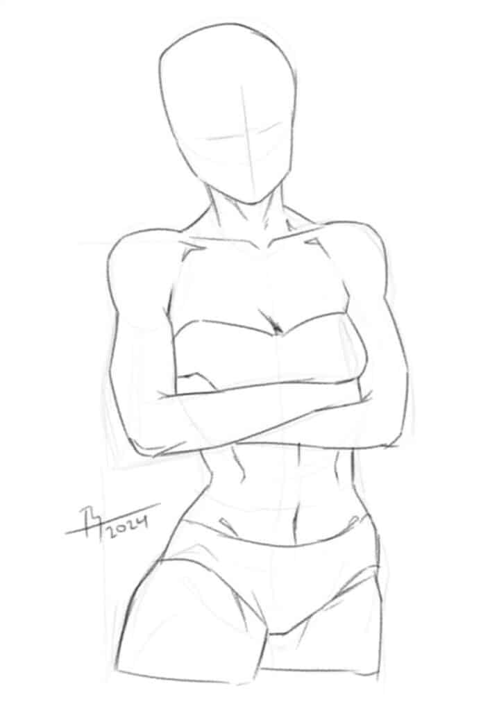 Sketch of a faceless figure in underwear with crossed arms, showcasing anatomy and posture.