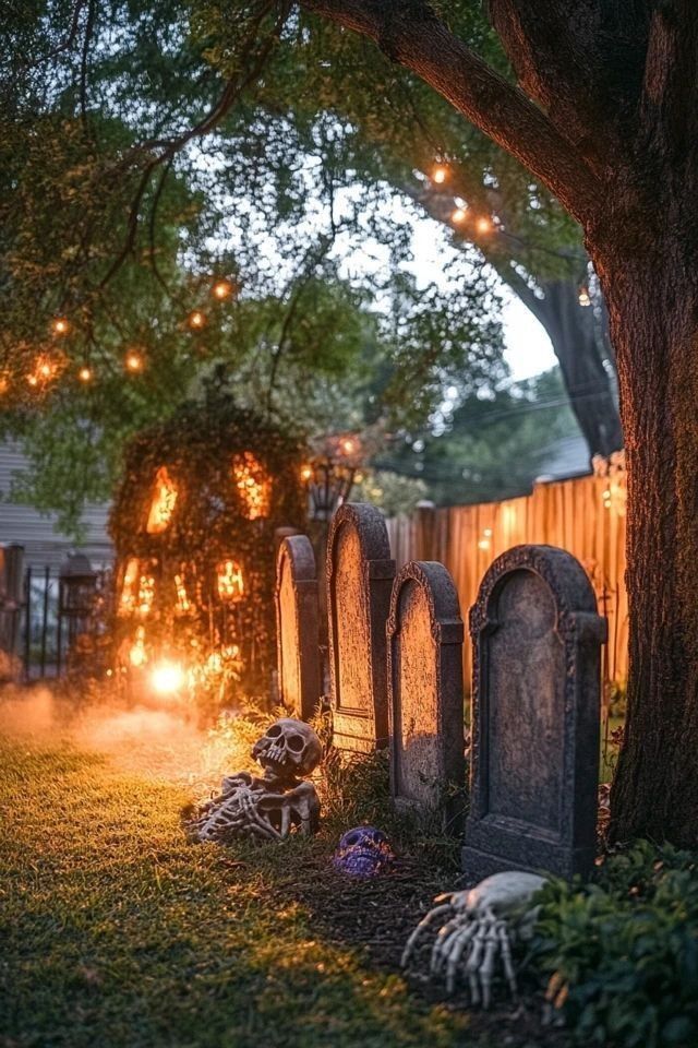 Spooky Halloween graveyard scene with tombstones, skeletons, and glowing jack-o'-lanterns under a tree in the evening.