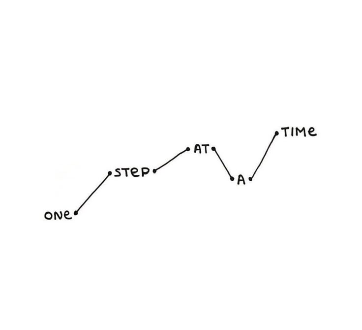 Text One Step at a Time depicted in a chart-like ascending path, symbolizing progress and perseverance.