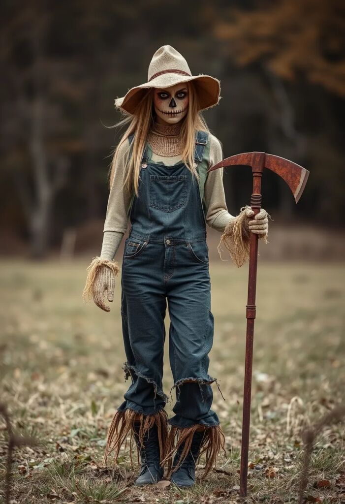 Scarecrow-themed figure with skeleton makeup and hat holding a scythe in a field.