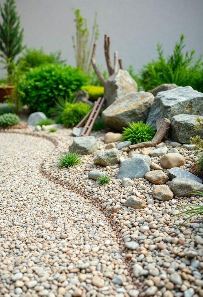Zen garden with pebbles, rocks, and greenery creating a tranquil outdoor space. Ideal for relaxation and meditation.