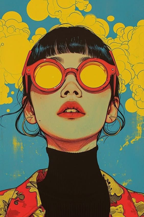 Illustrated woman in red sunglasses with yellow lenses, vibrant background of yellow bubbles and blue sky.