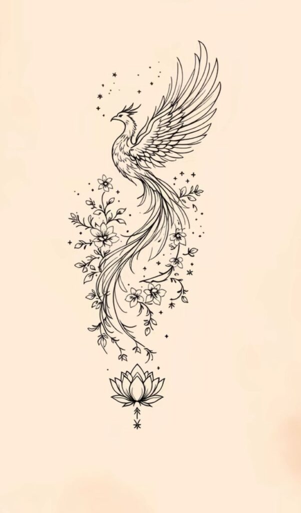 Elegant phoenix tattoo design with floral accents and lotus flower, symbolizing rebirth and renewal on a beige background.