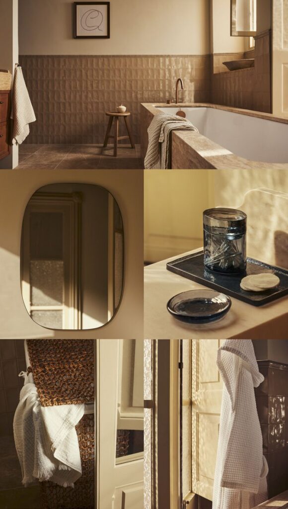 Stylish bathroom with a modern tub, wall art, mirror, and natural light highlighting elegant decor elements.