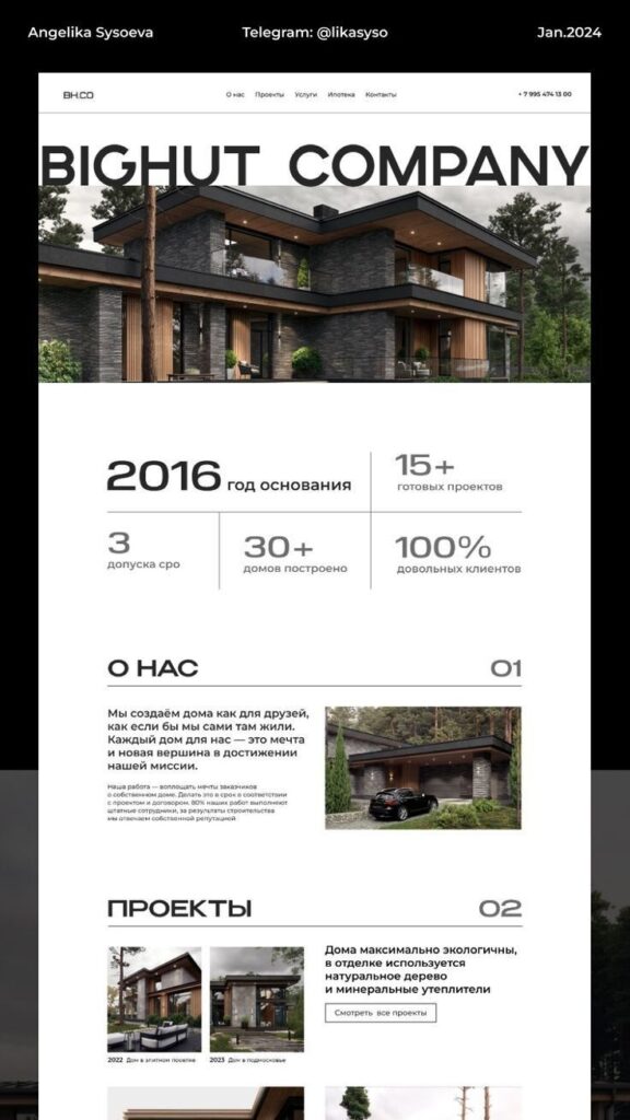 Modern house design with dark stone facade by Bighut Company, detailing projects, numbers, and eco-friendly materials.