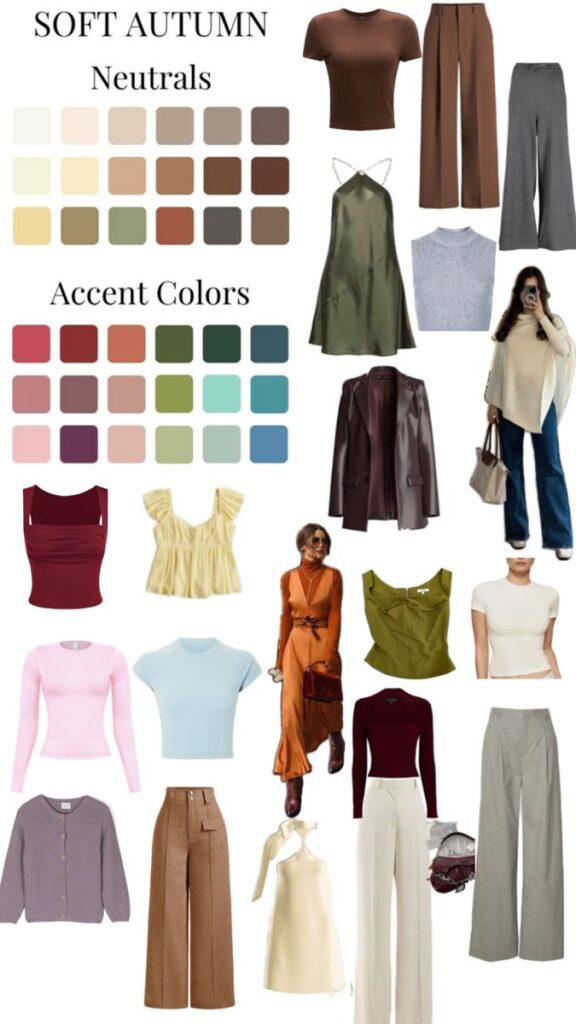 Soft Autumn fashion palette with neutrals, accent colors, and outfit ideas. Includes dresses, tops, pants, and jackets.