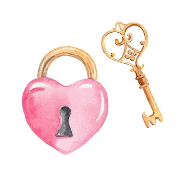 Watercolor heart-shaped lock with ornate golden key, symbolizing love and security.