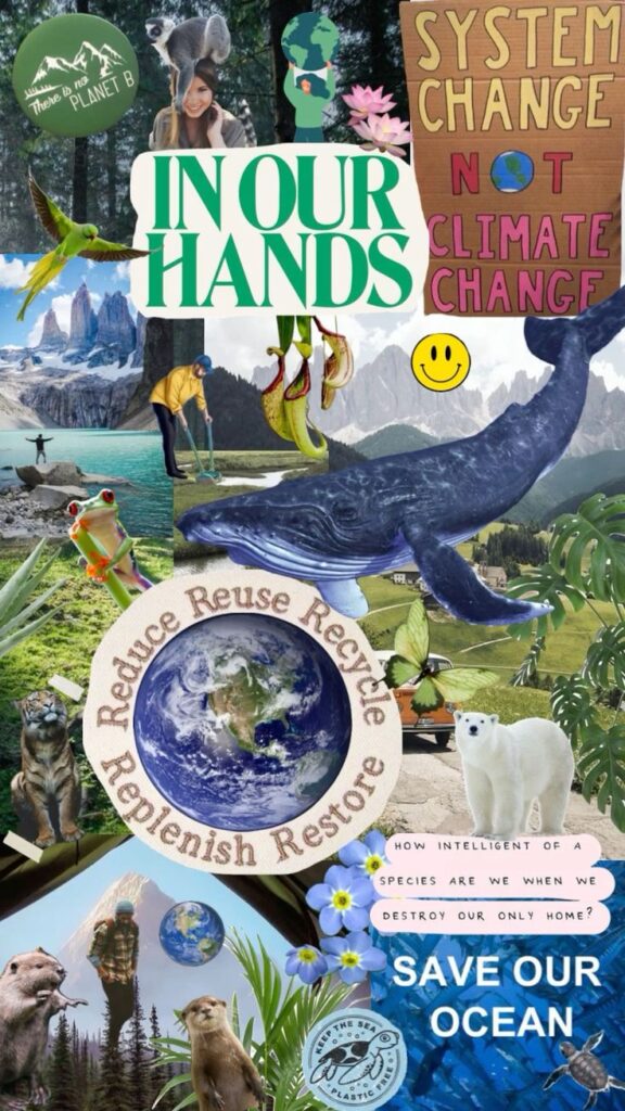 Collage promoting environmental awareness with slogans about climate change, conservation, and sustainable practices.