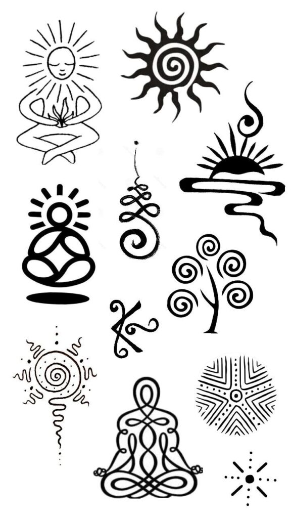 Abstract yoga and meditative symbols, featuring sun designs and spiritual motifs, in black on a white background.