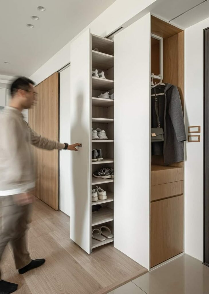 Sliding closet with shoe shelves and coat storage in modern, minimalist design.