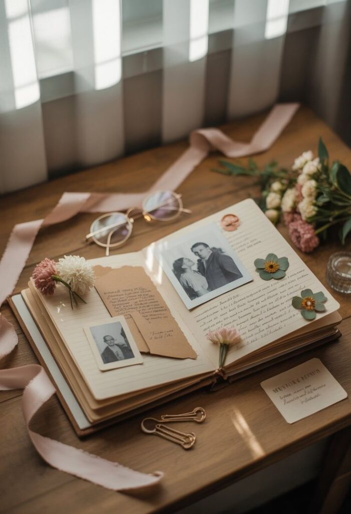 15 30th Wedding Anniversary Gift Ideas to Celebrate in Style Open scrapbook with vintage photos, pressed flowers, and reading glasses on a wooden table, illuminated by soft light. | Sky Rye Design Open scrapbook with vintage photos, pressed flowers, and reading glasses on a wooden table, illuminated by soft light.