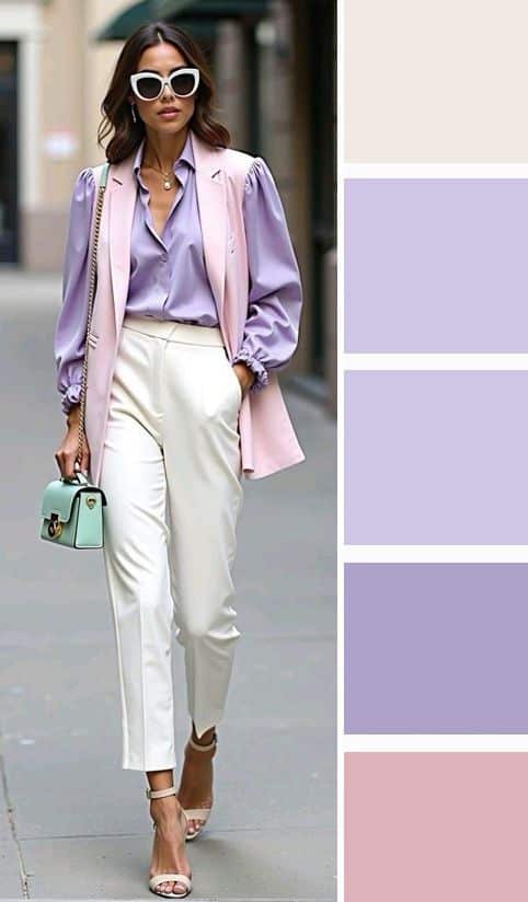 Stylish woman in pastel outfit with lilac blouse, pink vest, white pants, and mint bag. Fashion palette beside her.