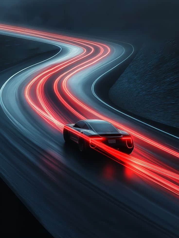Sleek car with red light trails on a curvy road at night, showcasing speed and modern design.