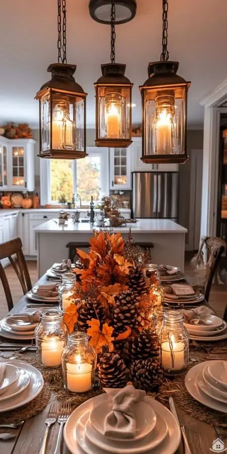 Rustic Thanksgiving table setting with autumn centerpieces, candles, and elegant hanging lanterns in a cozy dining area.