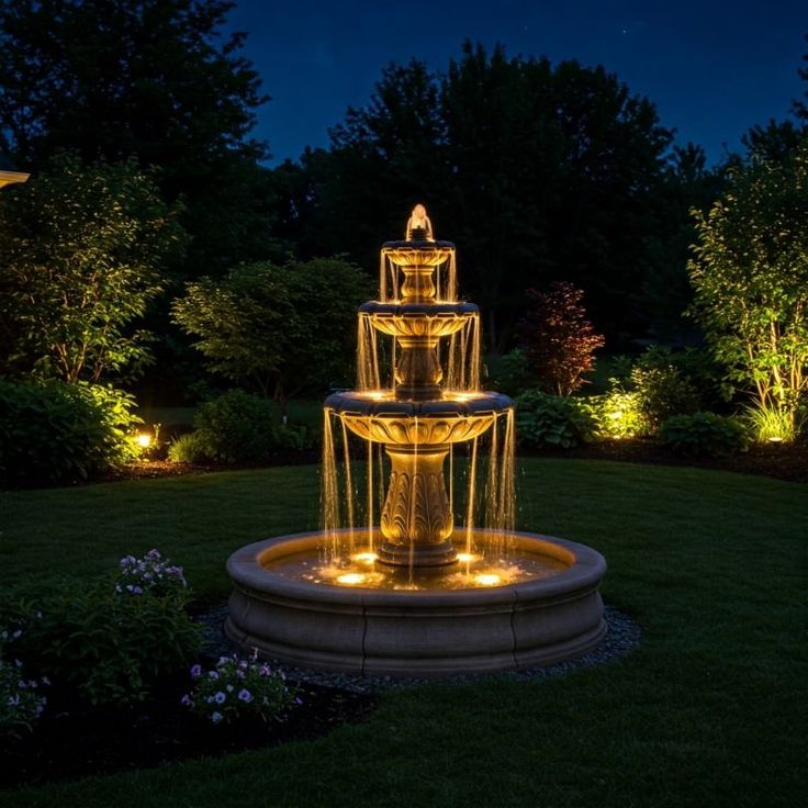 Illuminated three-tier garden fountain at night, surrounded by lush greenery and lights.