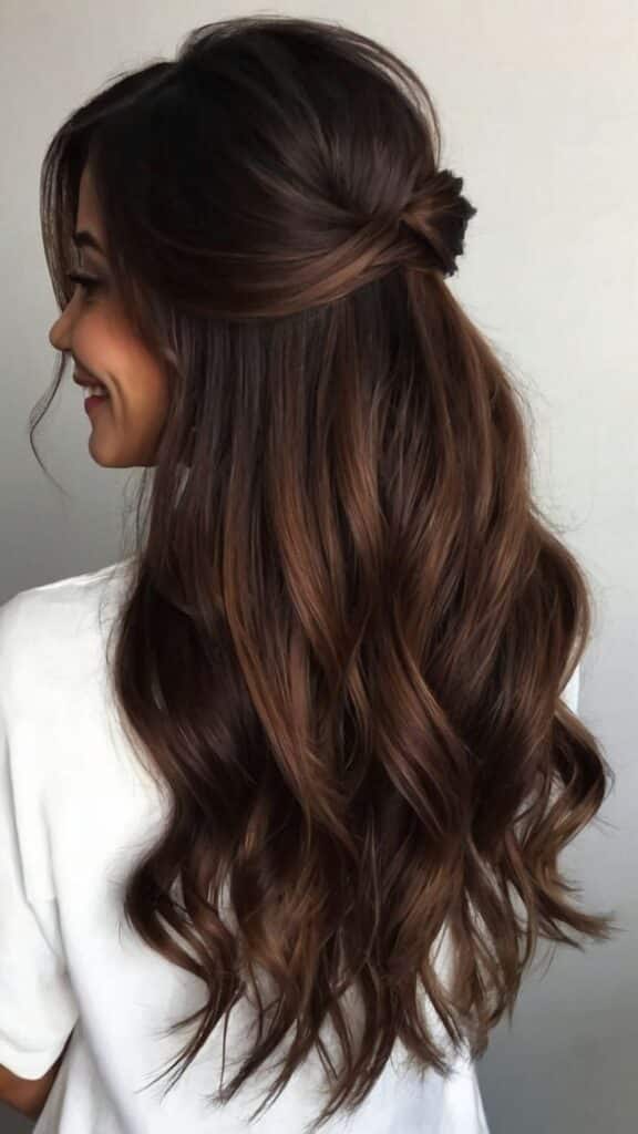 Woman with long, wavy brown hair styled in a half-up twist, wearing a white shirt, side profile view.