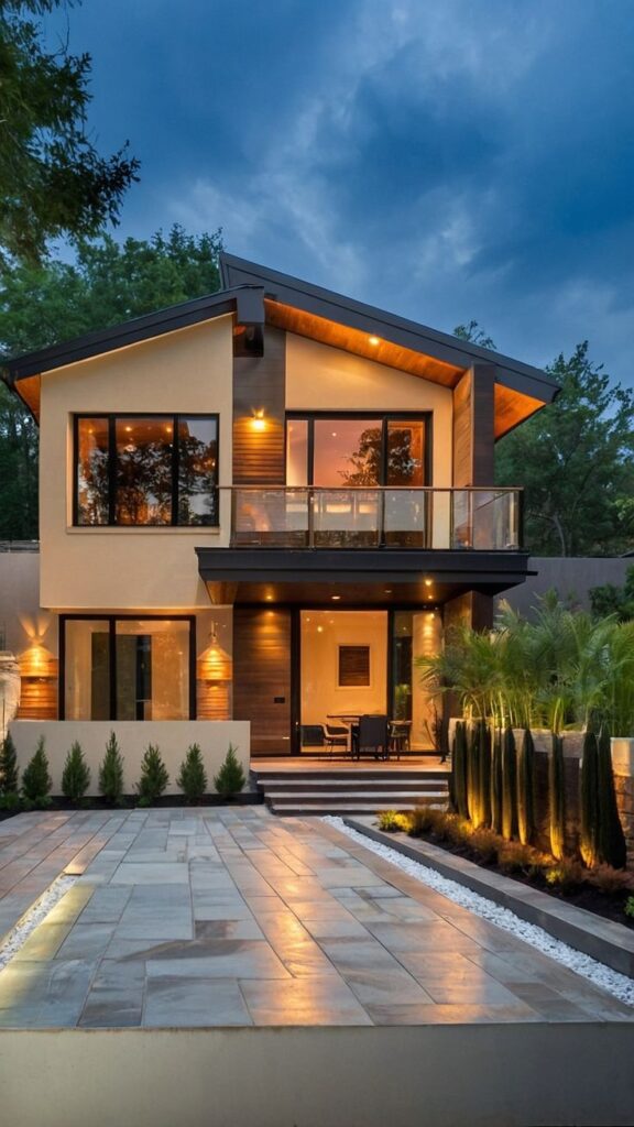 Modern two-story house with warm lighting, glass balcony, and landscaped driveway at dusk.