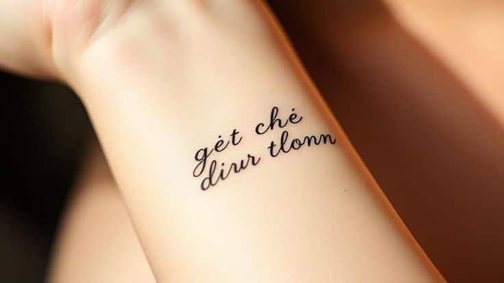 Close-up of a cursive tattoo on a forearm with the words get ché diur tlonn in black ink.