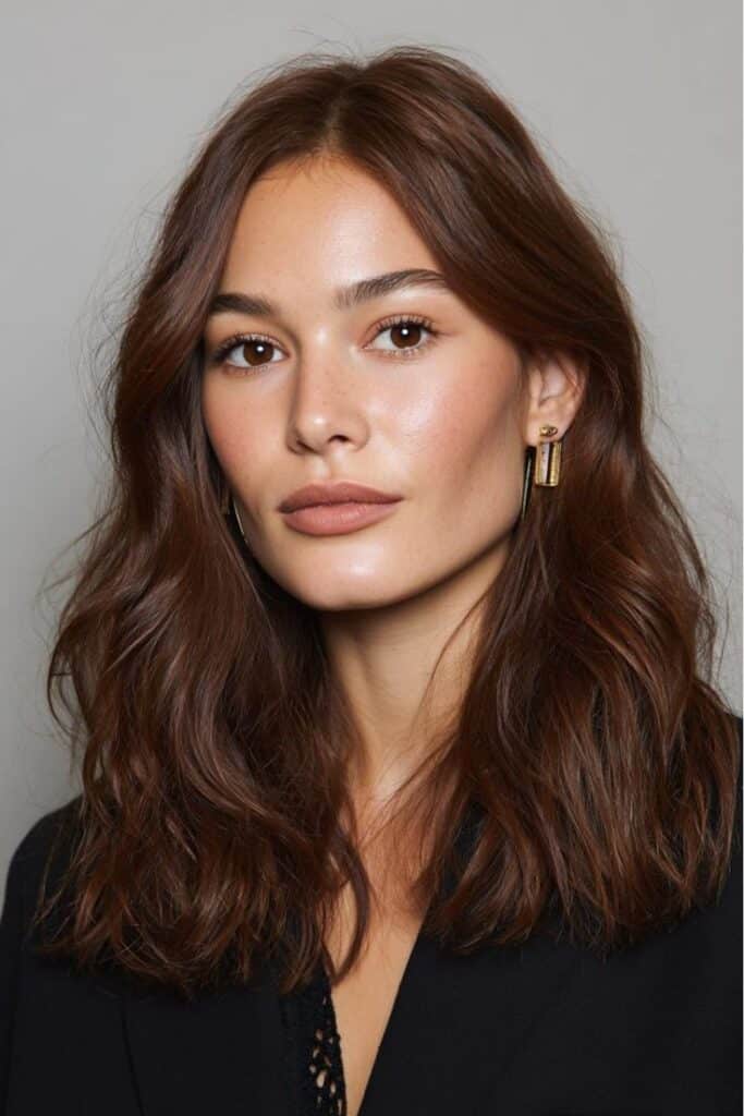 15 Insanely Gorgeous Brownish Ginger Hair Shades That Are Trending Portrait of a woman with wavy brown hair and gold earrings, wearing a black top against a light gray background. | Sky Rye Design Portrait of a woman with wavy brown hair and gold earrings, wearing a black top against a light gray background.