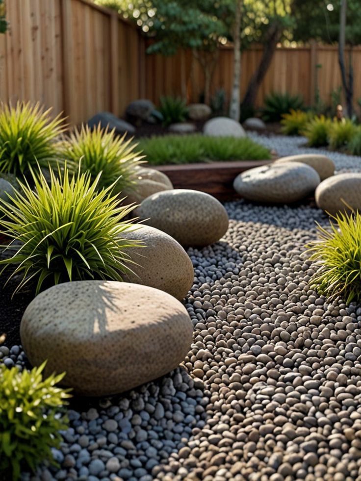 Serene garden with smooth stones and green plants on pebbled path, bordered by a wooden fence in sunlight.