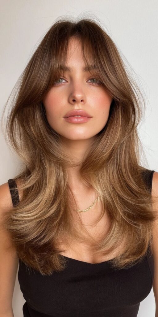 Woman with long layered haircut, wearing black top, posing with natural makeup.