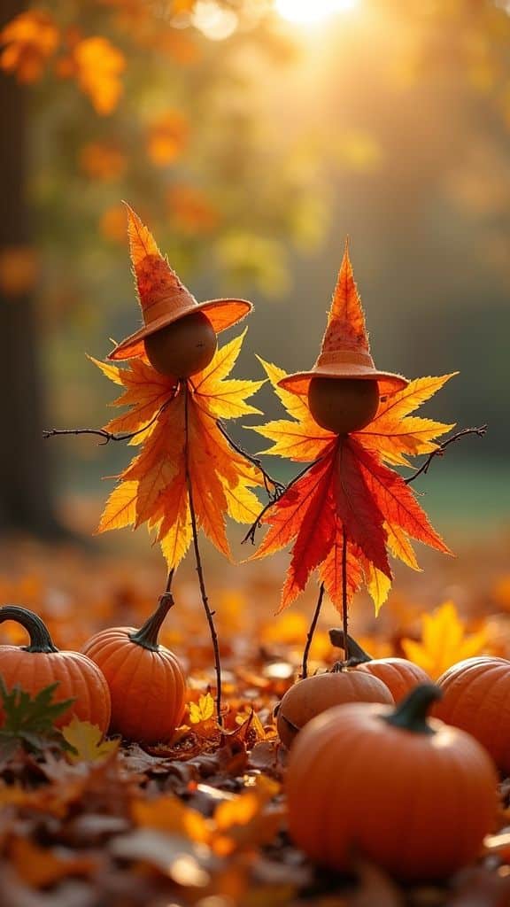 Two whimsical leaf figures with pumpkin hats among pumpkins in a sunlit autumn forest scene.