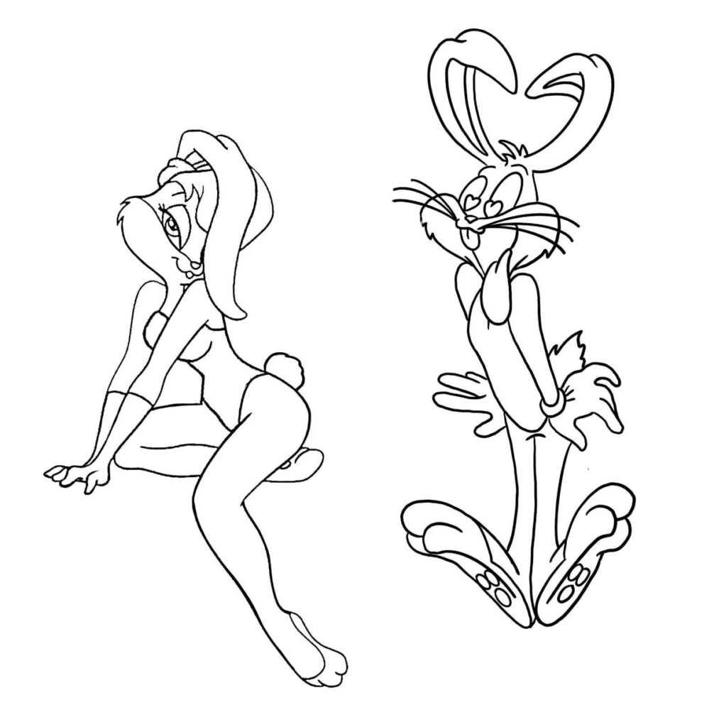 Two cartoon bunnies, one striking a confident pose, the other sitting playfully. Black and white line art illustration.