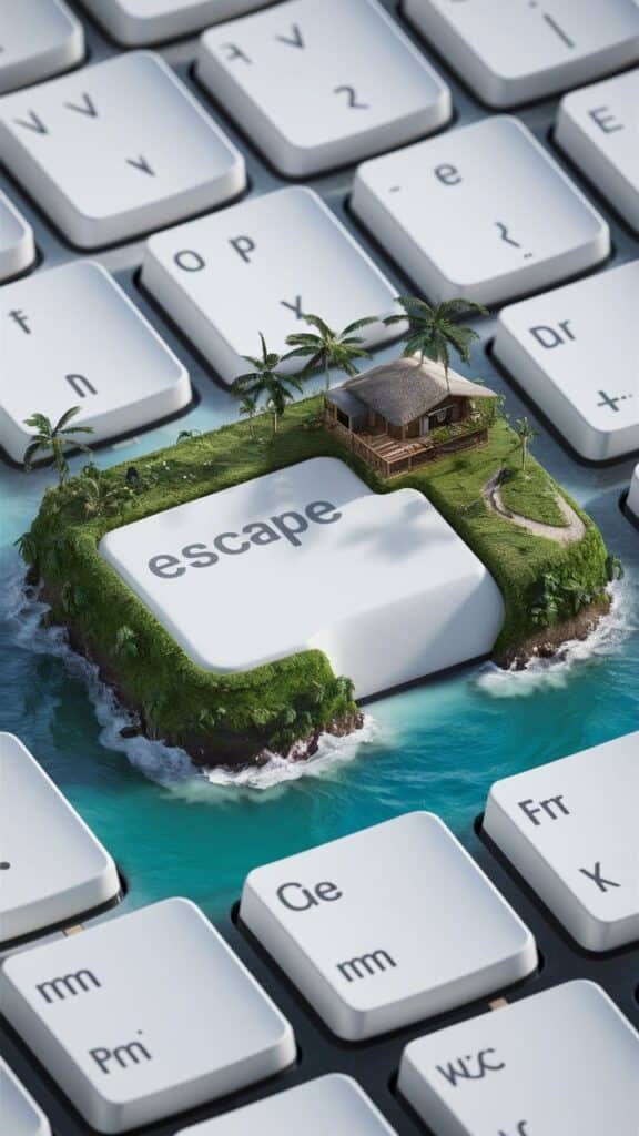 Escape key as a tropical island with a hut and palm trees, blending technology and travel themes.