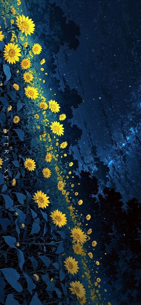 Illustrated sunflowers under a starry night sky, creating a whimsical and serene scene.