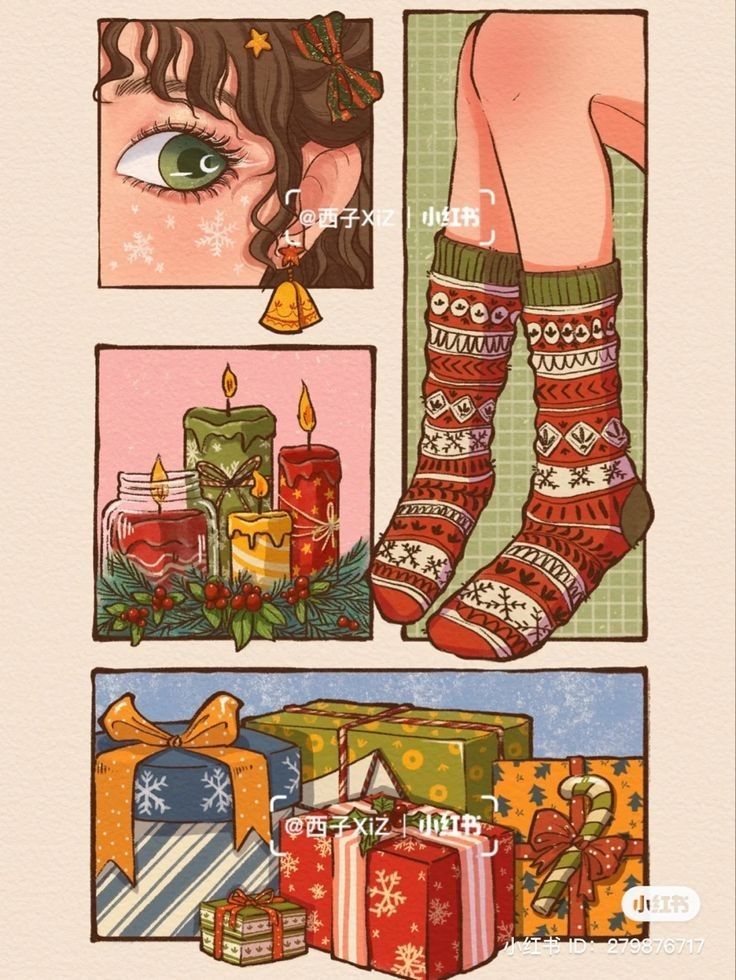 15a7f1e3-1136-4084-96c2-c4dee452431d Festive collage with a green-eyed girl, cozy socks, lit candles, and colorful wrapped gifts for holiday joy. | Sky Rye Design Festive collage with a green-eyed girl, cozy socks, lit candles, and colorful wrapped gifts for holiday joy.